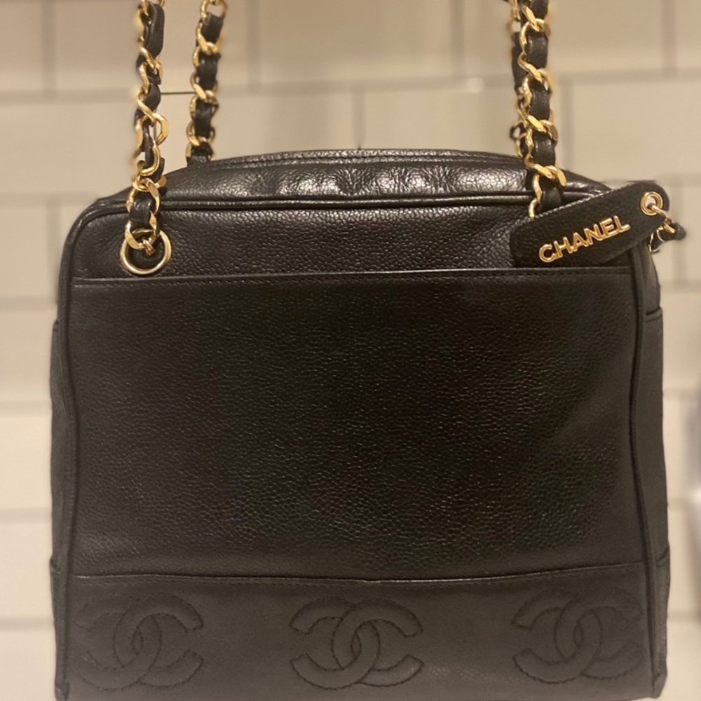 Authentic vintage Chanel triple CC Coco Tote - Black Caviar Leather, Gold Chain